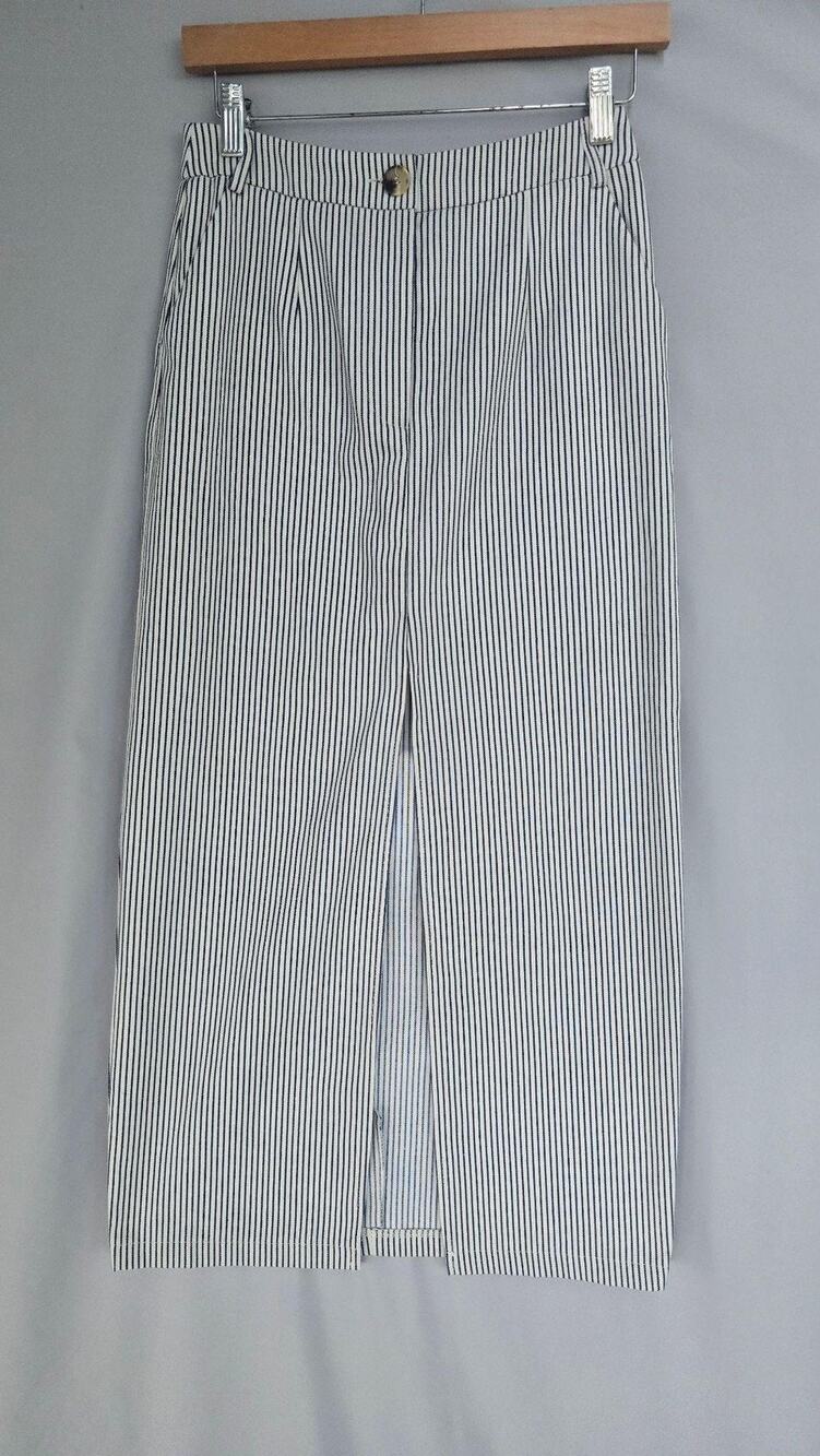 Mustard Seed Skirt Womens Small White Stripe Twill Midi Pencil Front Slit Lined
